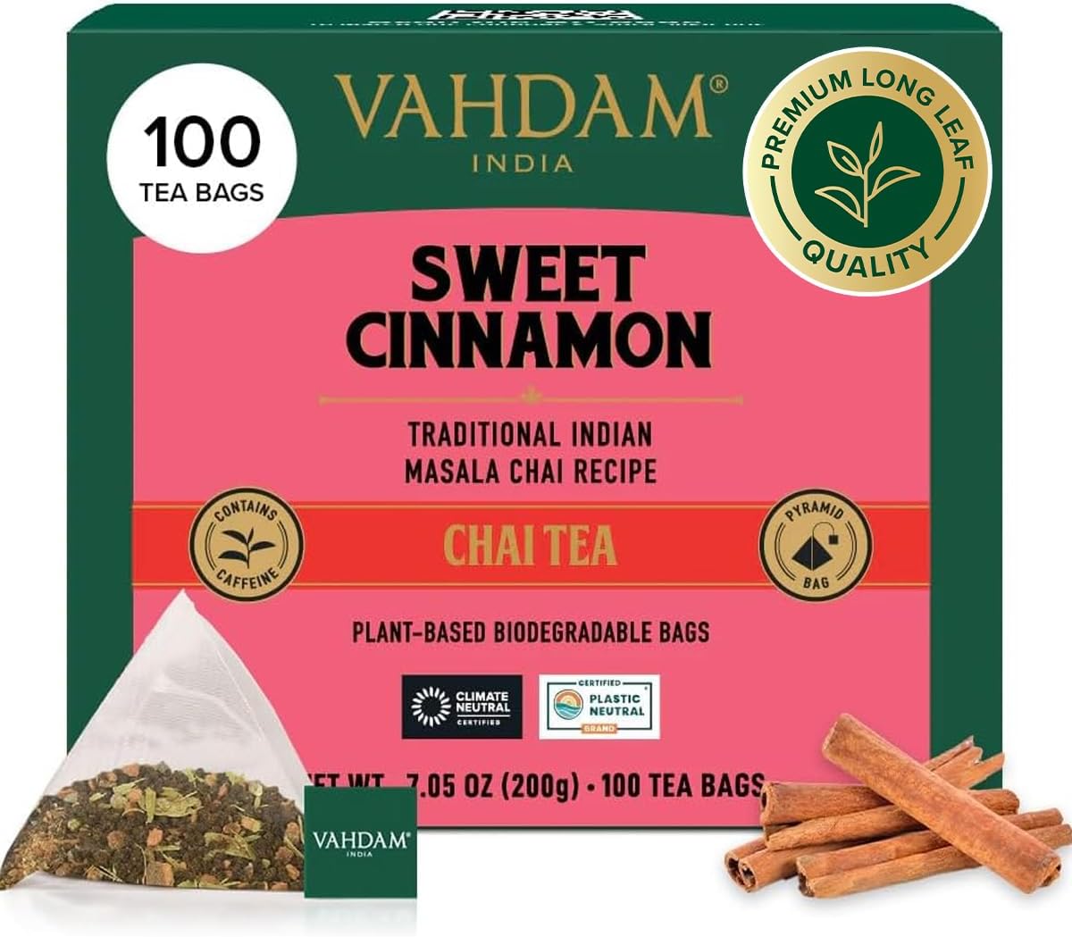 VAHDAM Cinnamon Tea Bags (100 Tea Bags) | Chai Black Tea Leaves Blended with Sweet Cinnamon & Cardamom | Masala Chai Tea | Aromatic Tea in Pyramid Tea Bags