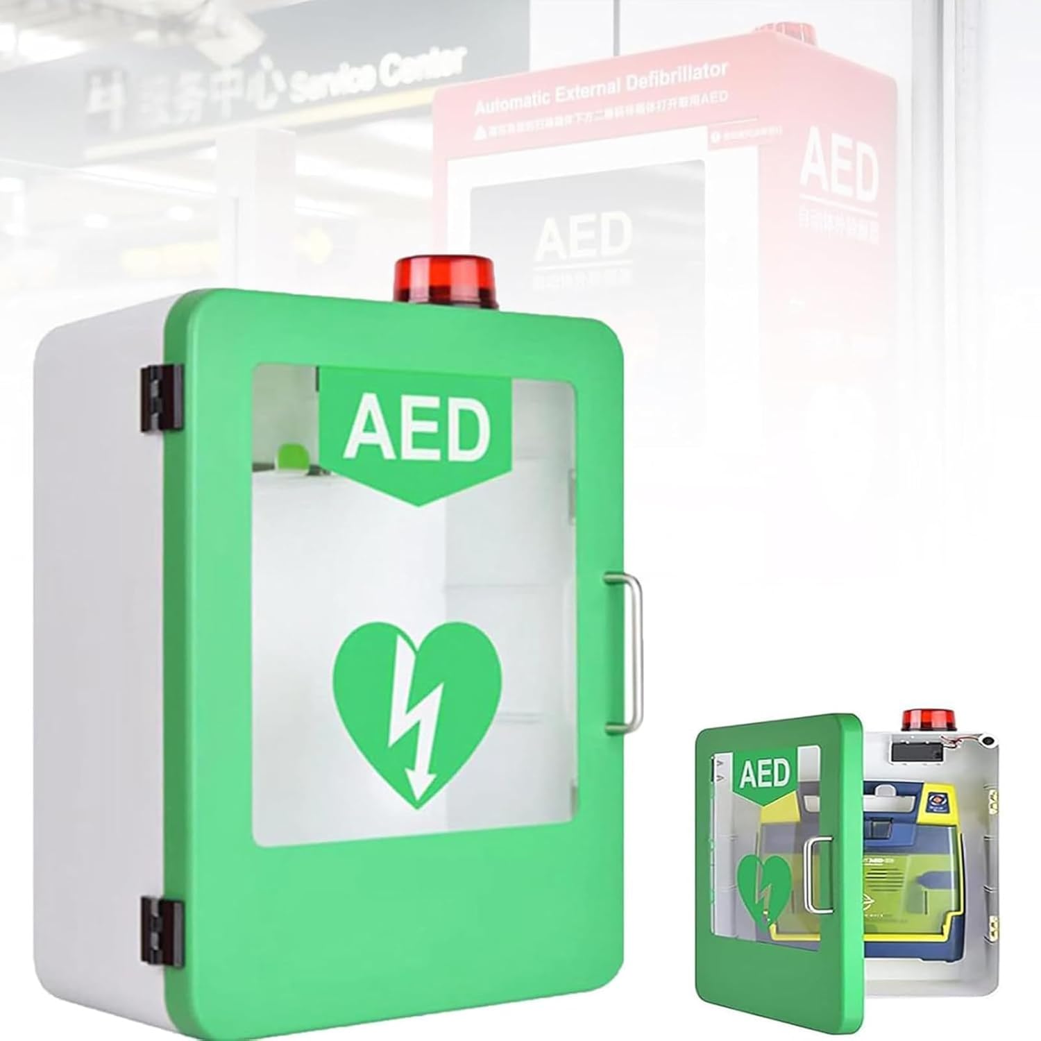AED Cabinet Compact AED Surface Mount Cabinet AED Defibrillator storage cabinet Wall Mounted with Alarm System for Emergency At Home,Office and Public Place,Green