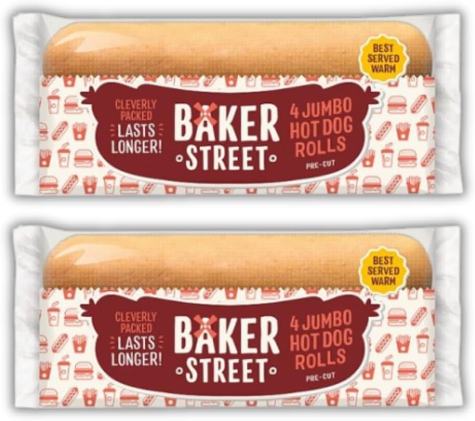 Jumbo Hot Dog Buns Rolls Pre-Cut Baker Streets (2 bags of 4 (Total 8 Buns))