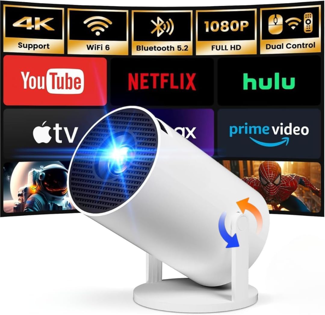 [2025 Upgraded & Android 11.0] Mini Projector Native 720P HD, Supports 4K 1080P, Portable Projector 12000 Lumen, WiFi 6, Bluetooth, Auto Keystone, Video Projector for Home Cinema