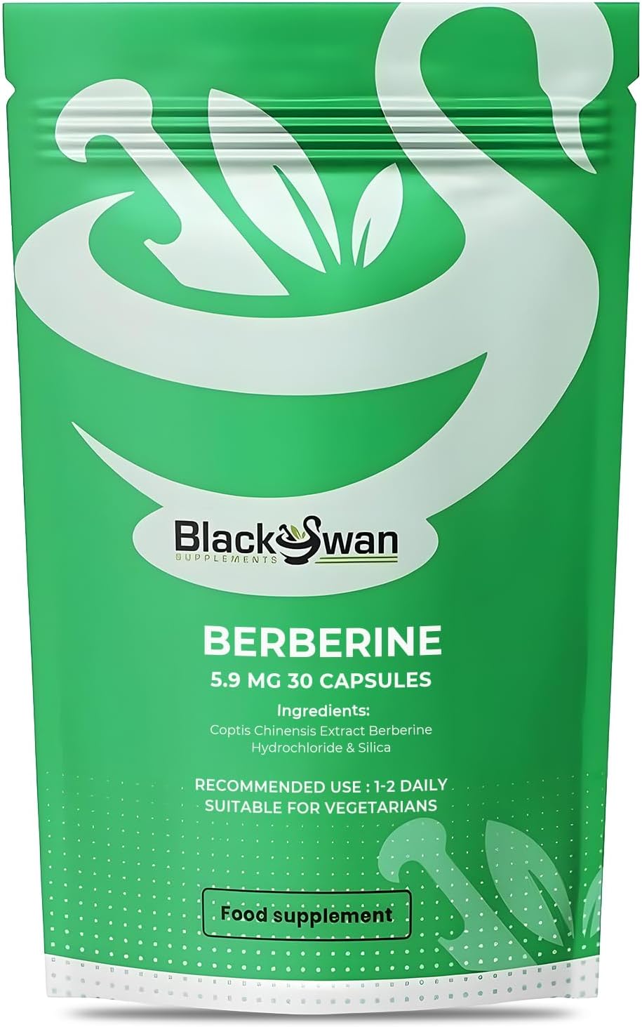 Black Swan Berberine Supplement 5.9mg Capsules - Pure Berberine HCL High Strength Supplement - Berberine Weight Loss Vegan Formulated Capsule Anti-oxidant and Anti-inflammatory - 30 Capsules