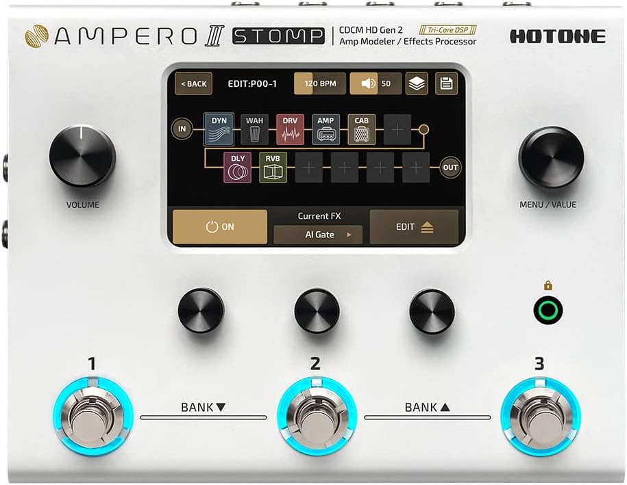 HOTONE Guitar Multi Effects Processor Multi Effects Pedal Touch Screen Guitar Bass Amp Modeling IR Cabinets Simulation Guitar Effects Pedal Multi FX Processor Ampero II Stomp