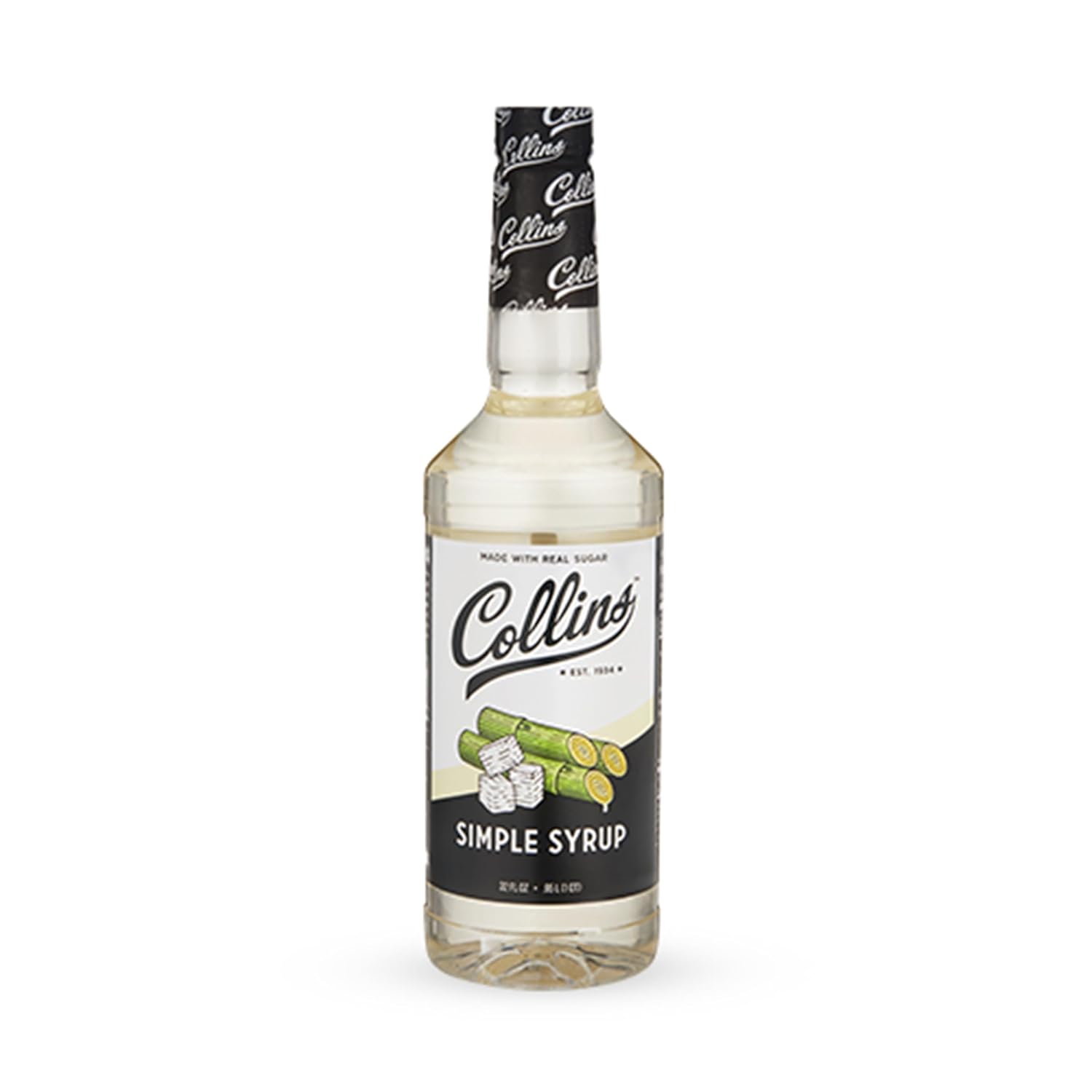 Collins Simple Syrup, Classic Simple Syrup, Real Sugar Cocktail Syrups, Soda Water Flavors, Cocktail Mixers, 32 Ounces, Set of 1