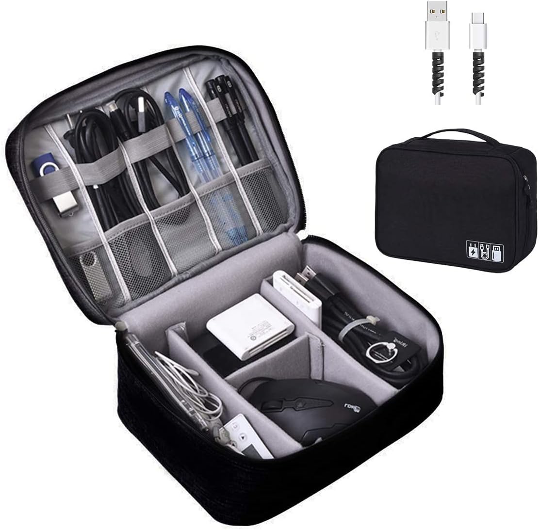 OrgaWise Accessories Bag Travel Electronics Organiser 3 Layer Cables Case for Power Bank, Camera, Ipad and Memory Card - Grey Electronic Case with 2 pcs Data Line Protect Sets