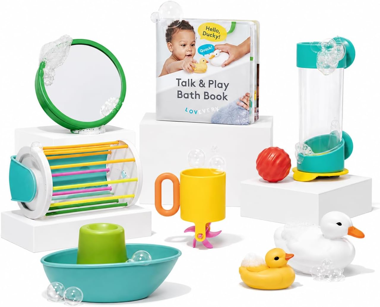 LOVEVERY, The Bath Set, 9-Piece Bath Toys with Play Guide, Early Development for 9+ Months