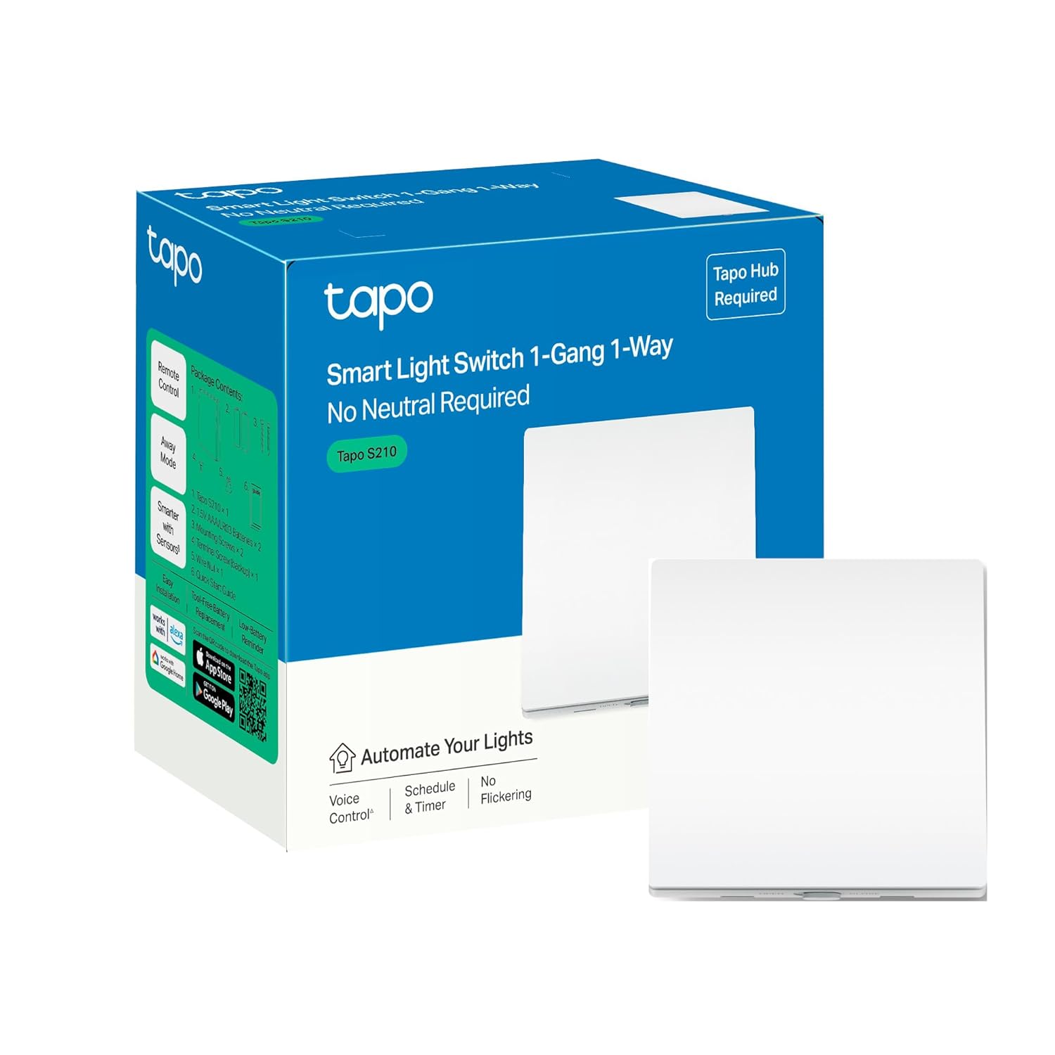 Tapo S210 Smart Light Switch 1 Gang 1 Way, Remote Control Smart Switch, Voice Control, Away Mode, No Neutral Needed, Battery Included, Alexa Light Switch, Work with Alexa & Google, Tapo Hub Required