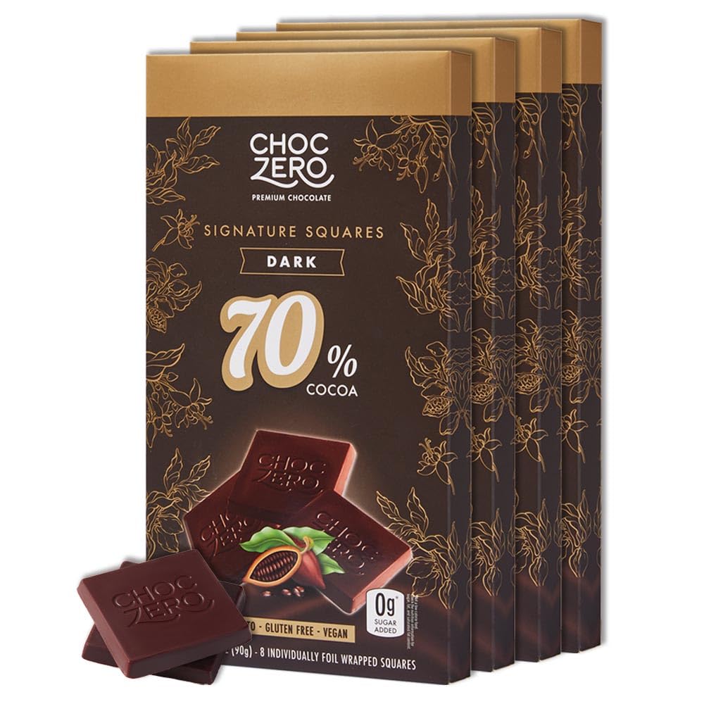 ChocZero 70% Cocoa Dark Chocolate Squares, Sugar Free, Vegan, Low Carb, High Fiber, Keto Friendly, No Sugar Alcohols (4 Count, 3.2oz Boxes)