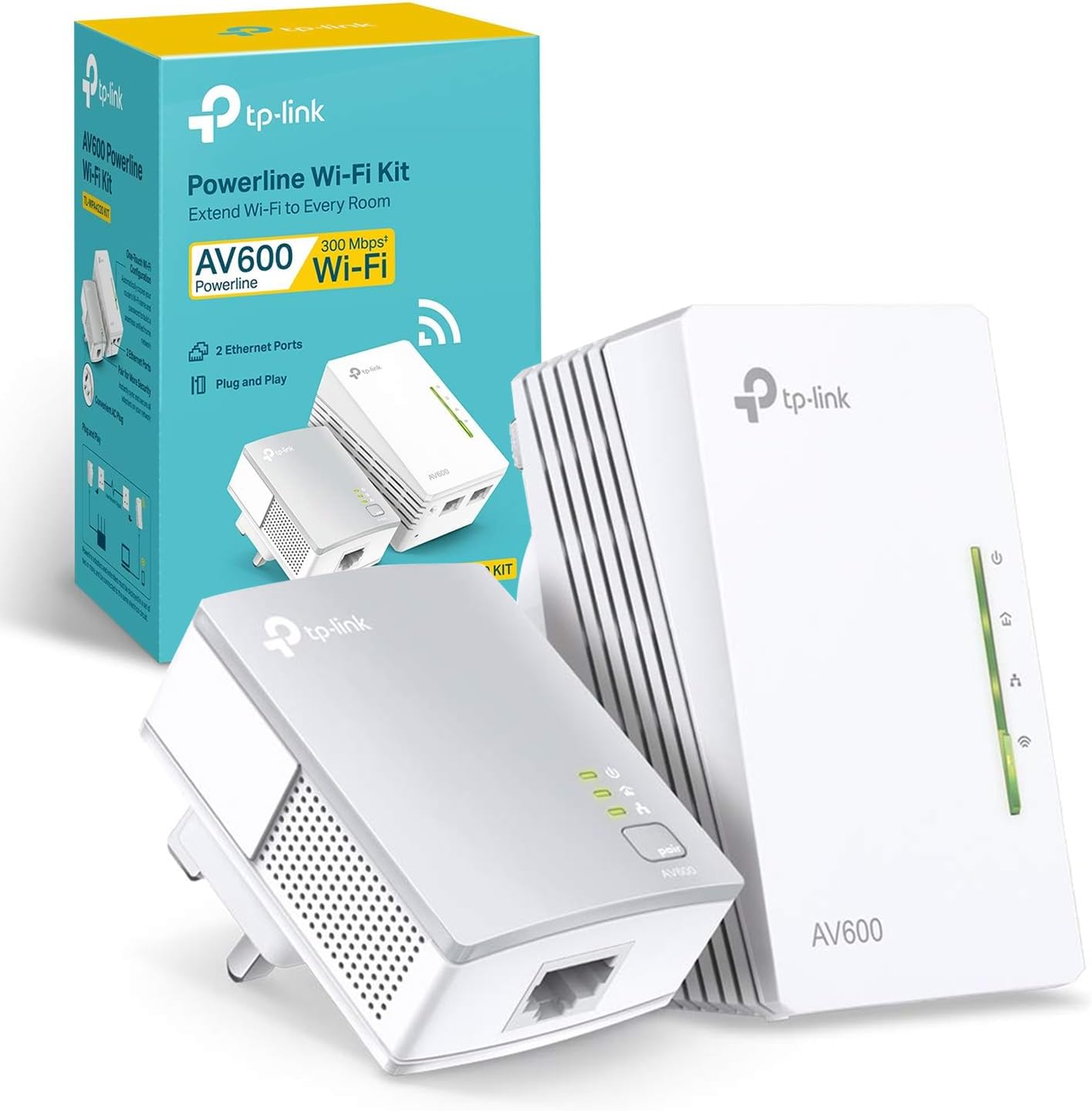 TP-Link AV600 Powerline Adapter Wi-Fi Kit, Wi-Fi Booster/Hotspot/ Extender, Wi-Fi Speed up to 300Mbps, 2+1 Ethernet Ports, No Configuration Required, Wi-Fi Auto-Sync, UK Plug (TL-WPA4220 KIT)