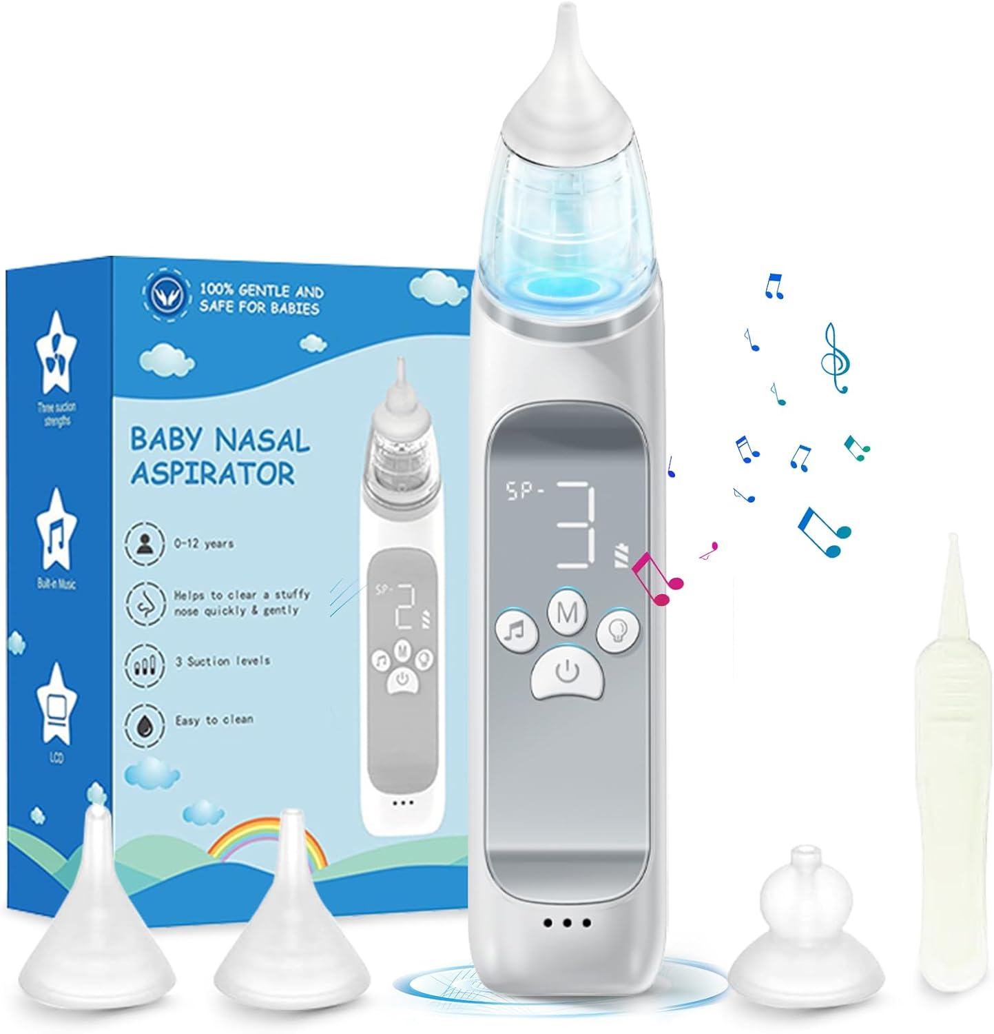 Electric Nasal Aspirator for Baby with 3 Silicone Tips, Newborn Nasal Aspirator Waterproof, Electric Nose Aspirator Baby 3 Adjustable Suction Level, Music and Light Soothing Function