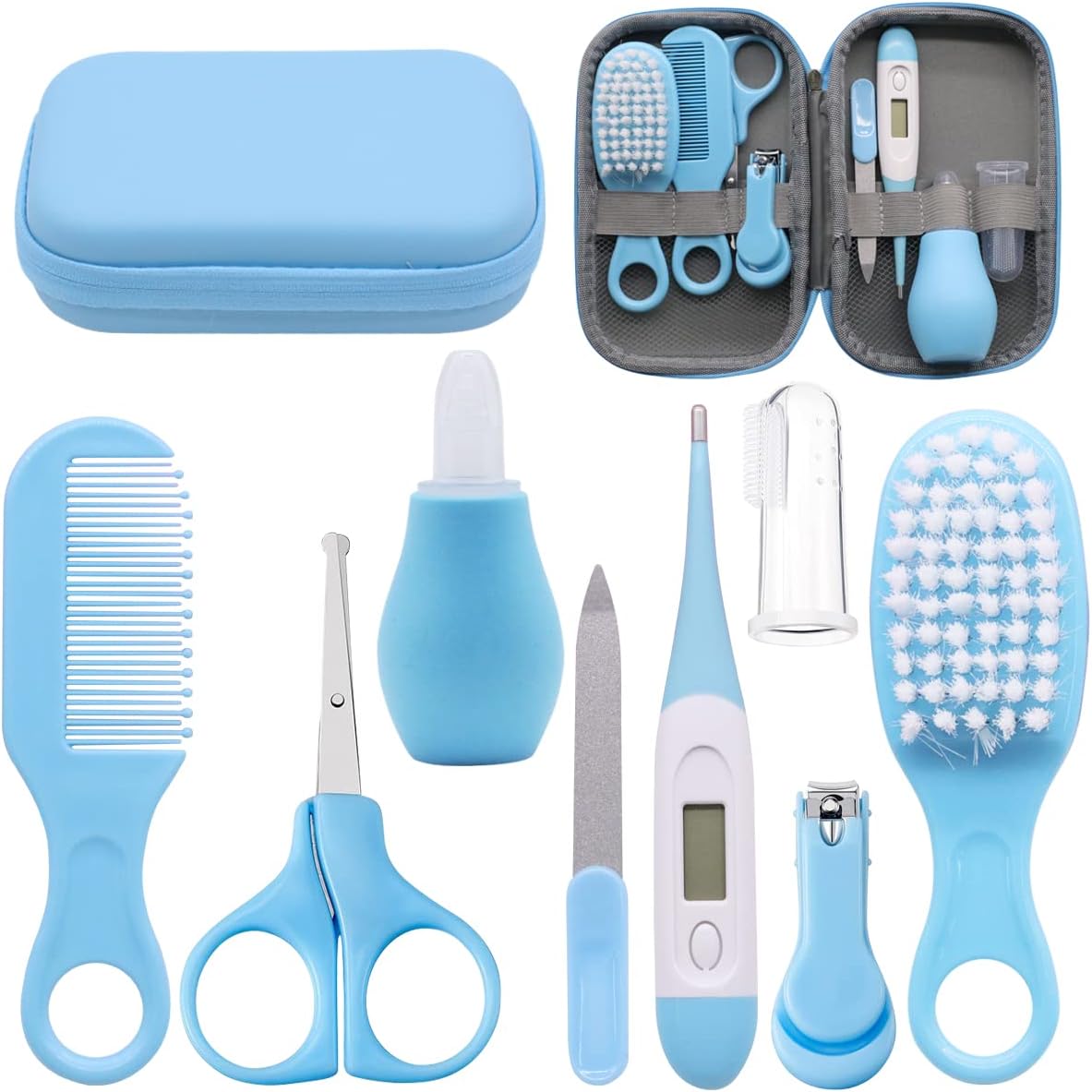 VicBou 8pcs Baby Grooming kit, Newborn Baby Care Accessories with Zipper Box, Baby Hair Nail Thermometer Care Set, Baby Healthcare Set for Newborn Infant, Toddler Girls & Boys (Blue)