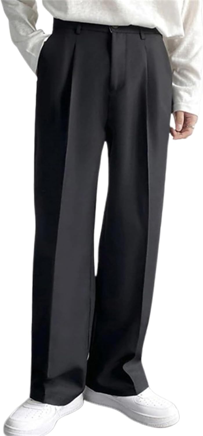 Men's Formal Suit Pants Straight Wide Leg Loose Fit Flat Front Dress Trousers Casual Business Office Commute Pants