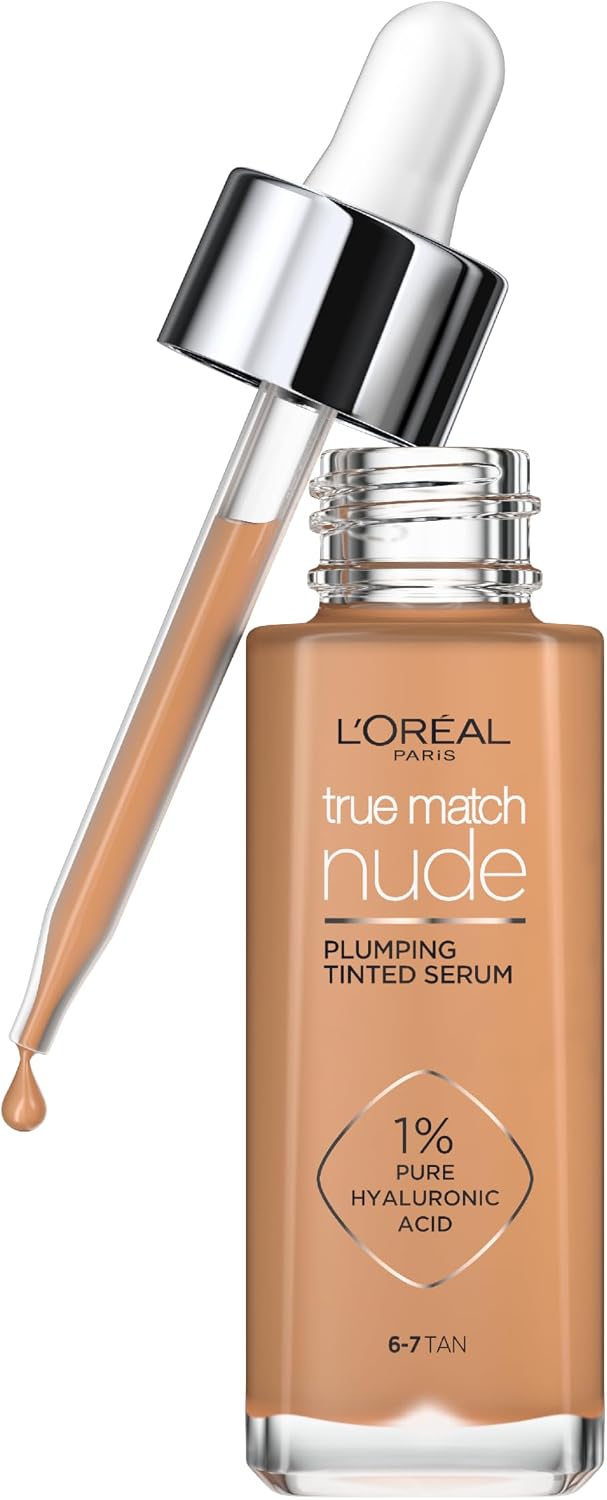 L'Oreal Paris True Match Tinted Serum Foundation, 1% Hyaluronic Acid, Hydrating Formula, Replumps Skin in 1 Hour for a Natural Glowing Finish, 30 ml, Shade 6-7 Tan