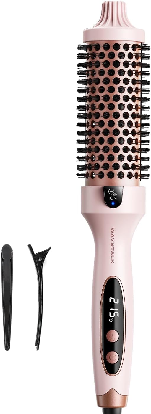 Wavytalk Thermal Brush, Blowout Boost Ionic Round Heated Hot Brush, to Make Hair Smoother & Shinier, Easy to Use, Not for Blow Drying, 38mm Barrel, 5 Temperature Settings, Dual Voltage, UK Plug, Pink