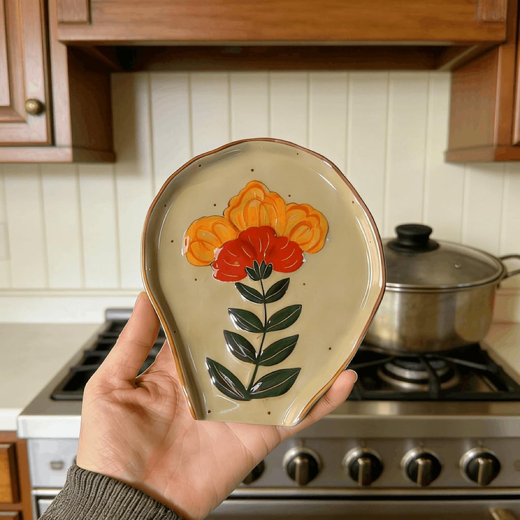 Vintage Ceramic Spoon Rest for Stove Top, Hand-Painted Floral spatula rest | Unique Cute coffee Spoon Holder & Cooking Utensil Rest, jewelry Tray, Country Kitchen Decor Accessories, Gift for Home