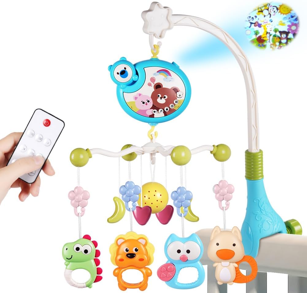Aolso Baby Crib Toy, Baby Crib Mobile with Music and Lights, Cot Mobile Toy with Timing Function Projector and Remote Control, Baby Crib Toys for Boys Girls (Blue)