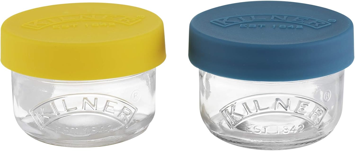Kilner Snack and Store Pots Set of 2 Glass Jars with Leak-Proof Silicone Lids 0.125 Litre Each Perfect for Seeds, Nuts, Fruit, Veggies and Snacks