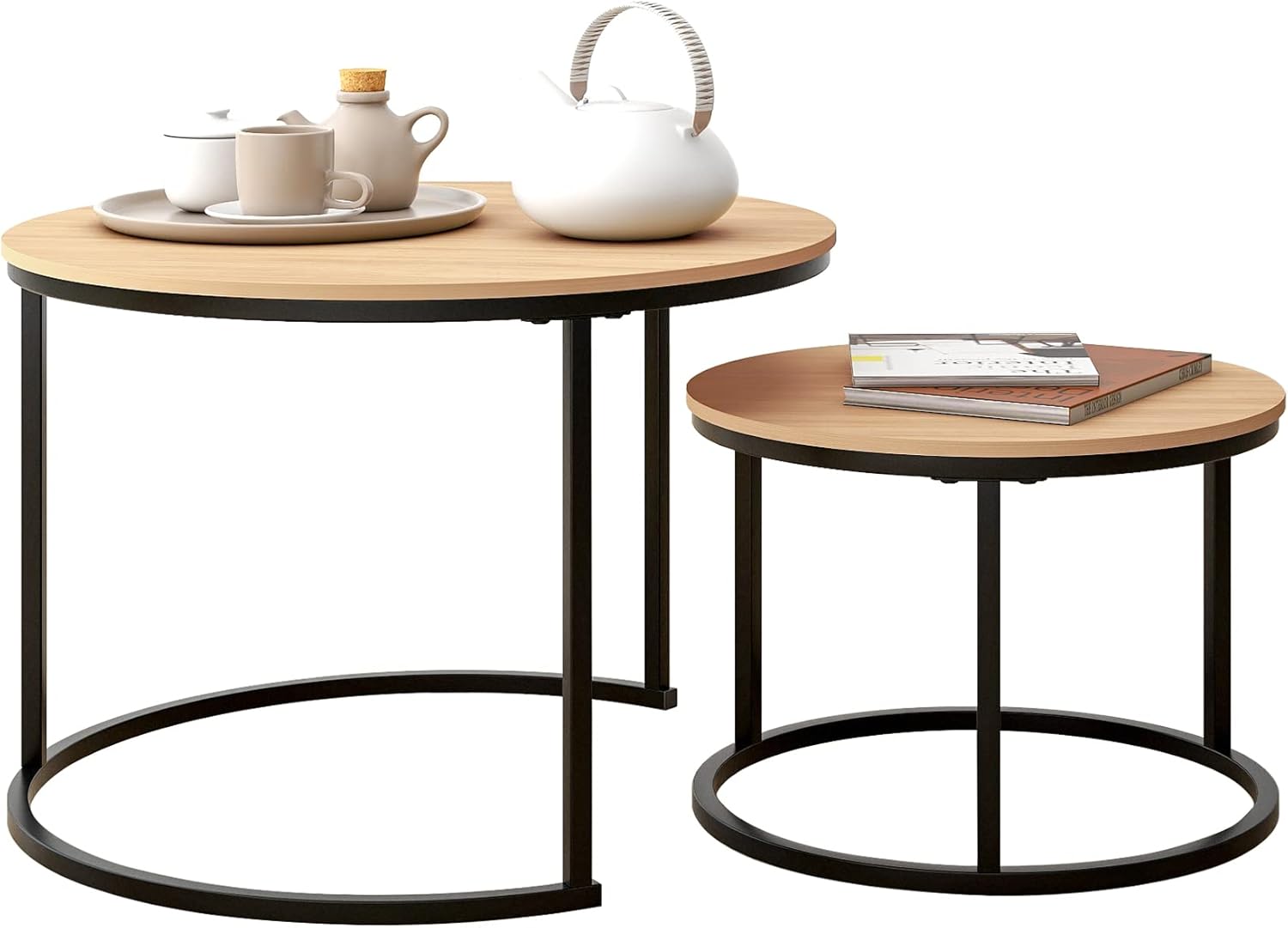 HOJINLINERO Black Round Coffee Table Set of 2 Side Table for Living Room,69.5x49cm Industrial Stacking End Tables,Wood Look Accent Furniture with Metal Frame End Table for Bedroom Decorations,Black