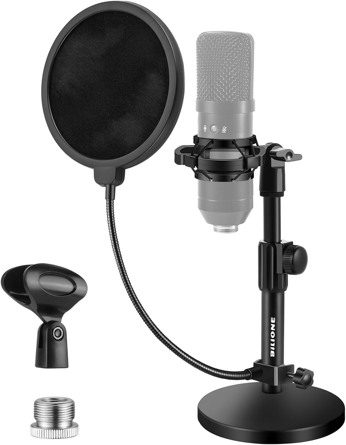 BILIONE Upgraded Desktop Microphone Stand, Adjustable Mic Stand with Pop Filter, Shock Mount, Microphone Clip, Metal Screw Adapter 0.55" to 3/8"