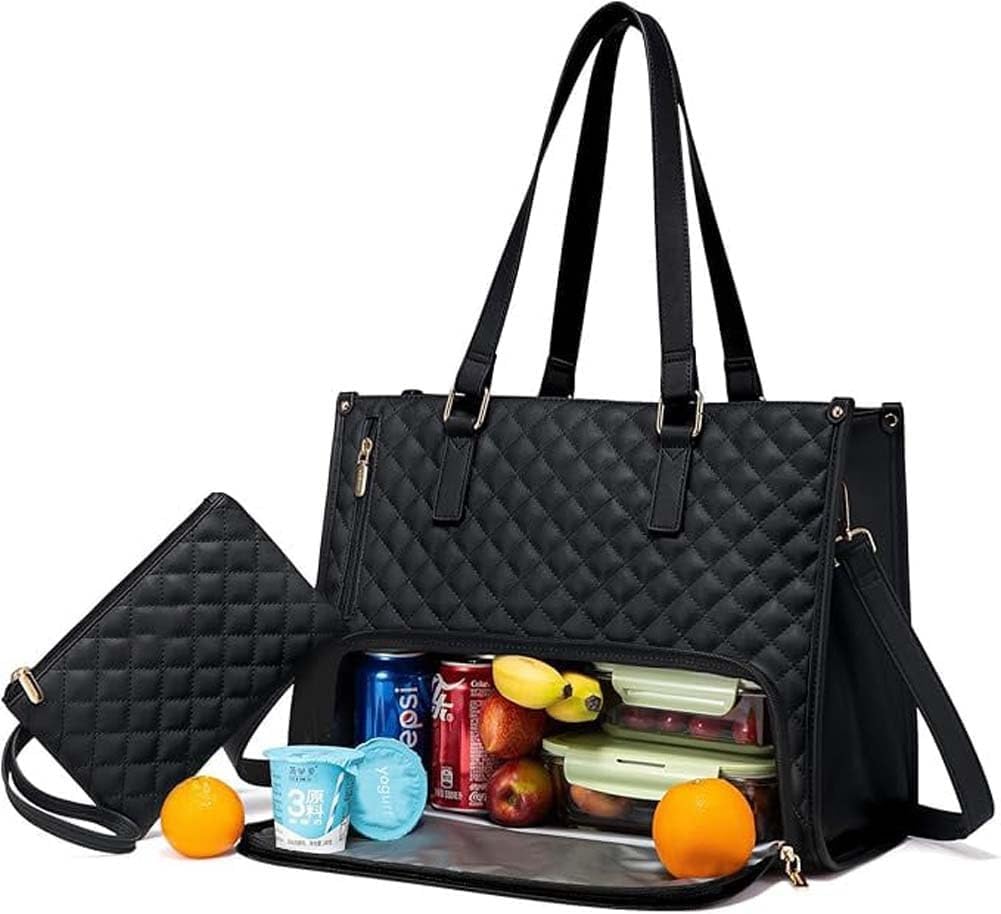 GLSAYZU The Ultimate 2 in 1 Tote Bag Lunch Bag Combo, Large Tote Bag with Lunch Compartment, Lunch Tote Bag for Women, Convertible Laptop Bag Work Bag Handbag for Business, Office (Black)