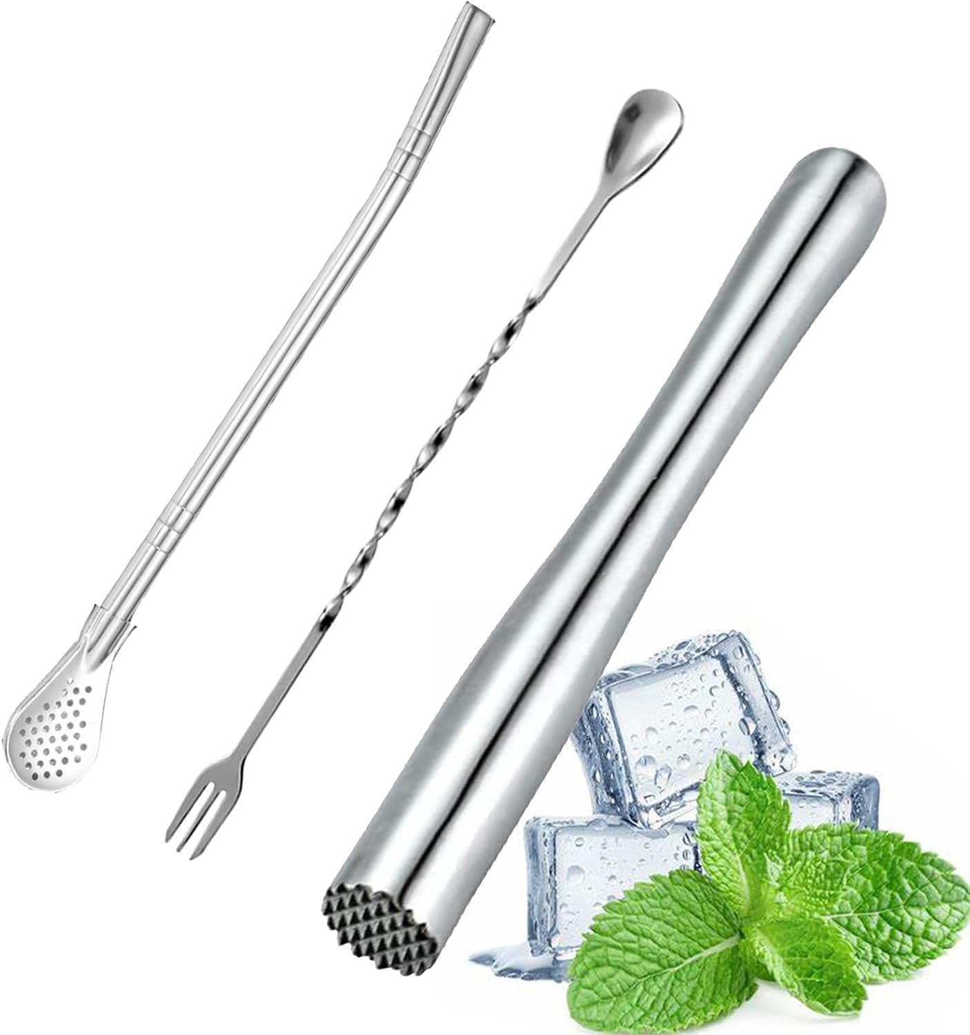 3 Pieces Cocktail Muddler, Muddler, Cocktail Spoon, Stainless Steel Bar Tools for Mixing, Crushing, and Stirring, Perfect for Home Bartenders, Cocktail Enthusiasts, and Professional Mixologists