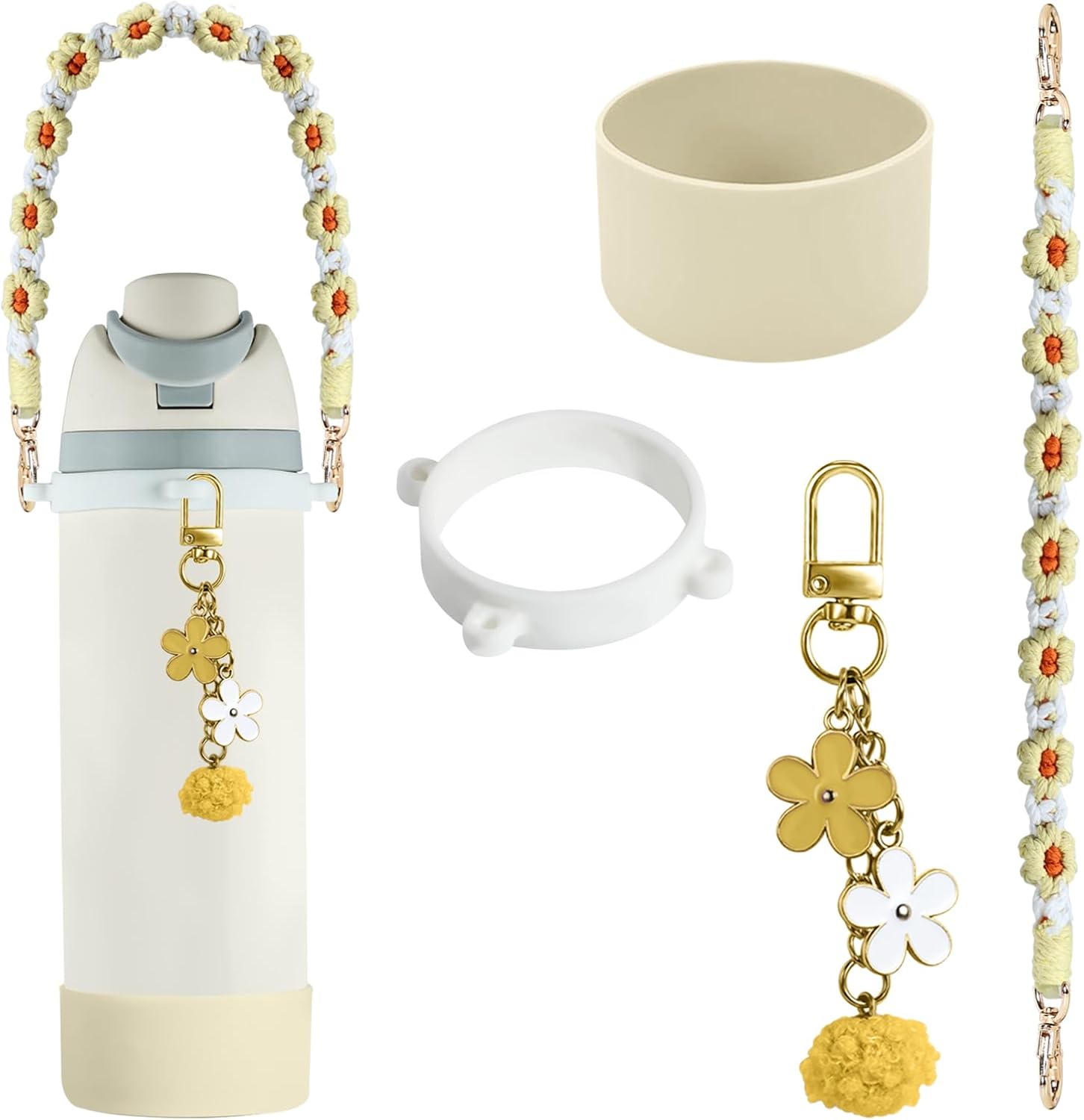Accessories Set for Owala Water Bottle 24 oz 32 oz 40 oz, Anti-slip Silione Boot, Hand-woven Water Bottle Handle Strap and Keychain Charm included, Compatible with Owala freesip