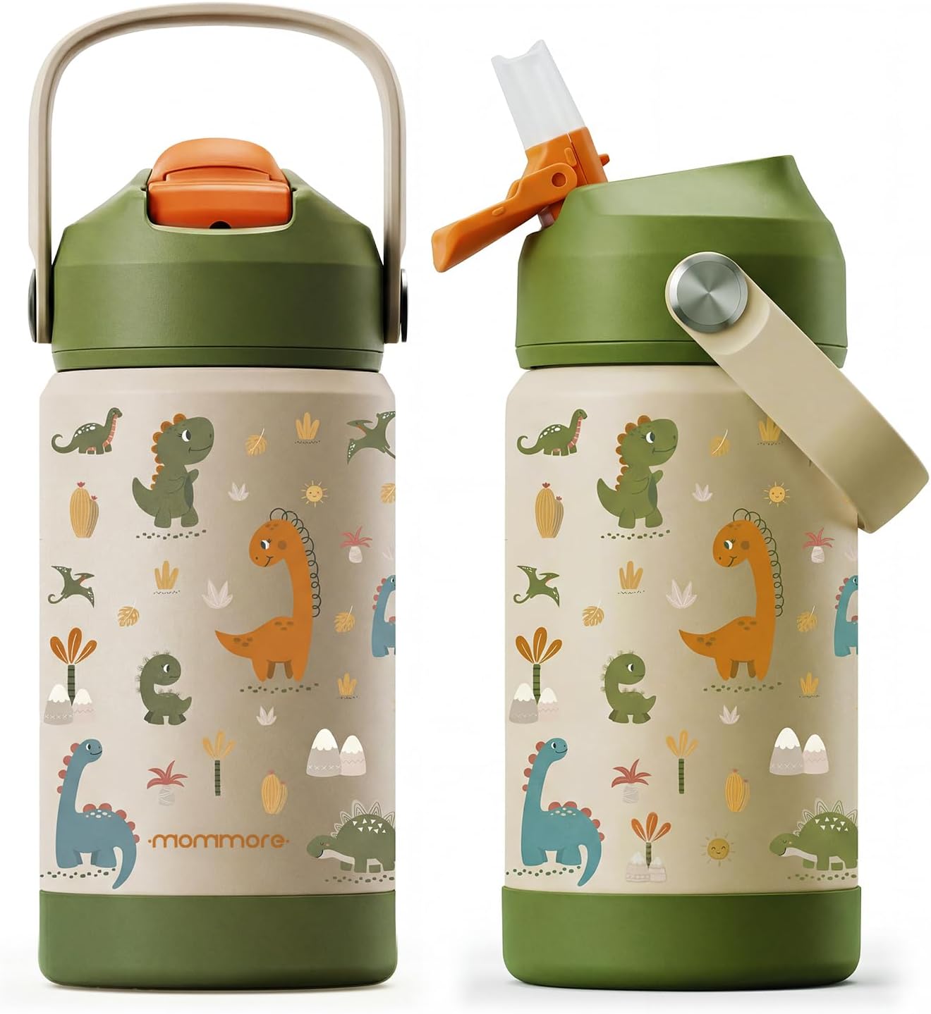 Mommore 12oz Kids Insulated Water Bottle with Straw Lid, Dinosaur | Vacuum insulated stainless steel small thermos with straw lid & soft rubber handle, leakproof design for school boys & girls