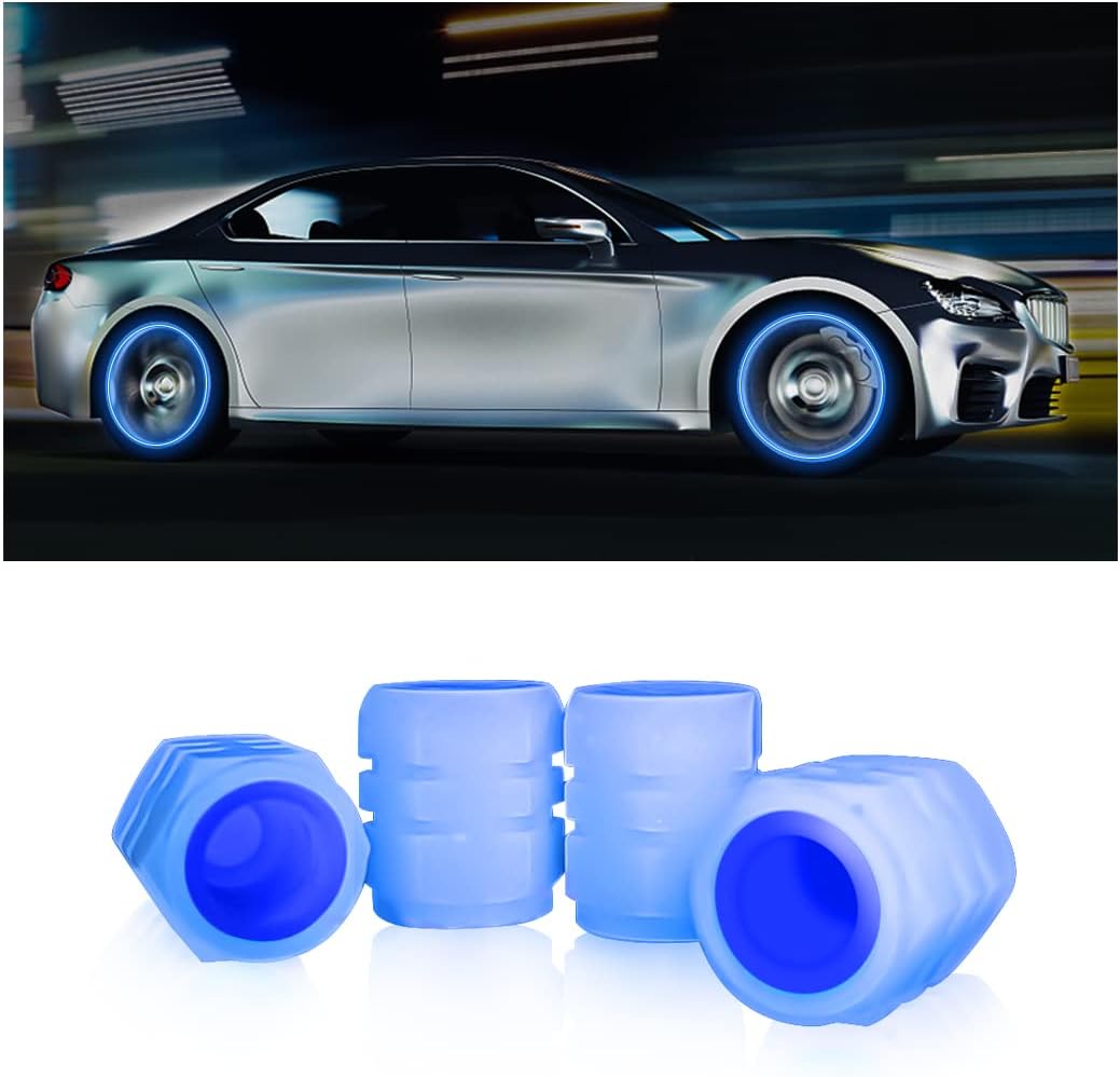 Tire Valve Stem Caps for Car, 4PCS Noctilucous Tire Air Caps Cover, Illuminated Auto Wheel Valve Stem Cap, Car Accessories Universal for Car, Truck, SUV, Motorcycles, Bike (Blue)