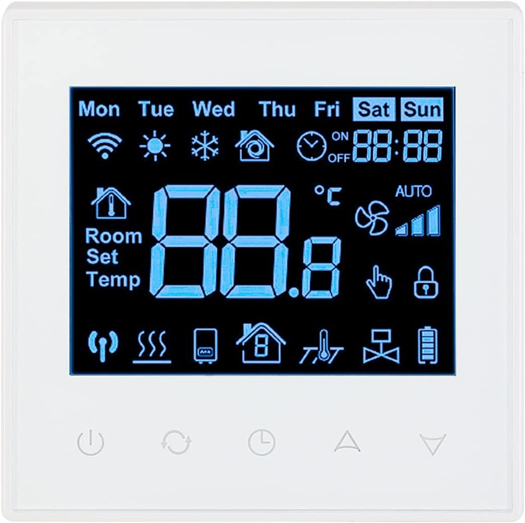 Baomain Programmable Thermostat None Battery Powered None Battery Powered Black Screen AC110-120V C505, Ground 3 Amp 7 Day, Work for Radiant Floor Heating Temperature Controller White