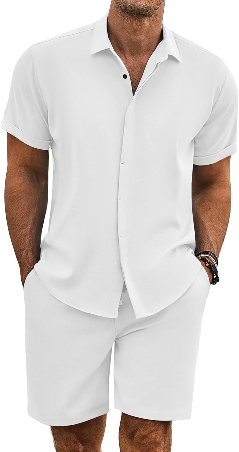 COOFANDY Men's Summer Beach Outfits 2 Piece Short Sleeve Shirts and Shorts Vacation Texture Linen Sets for Men