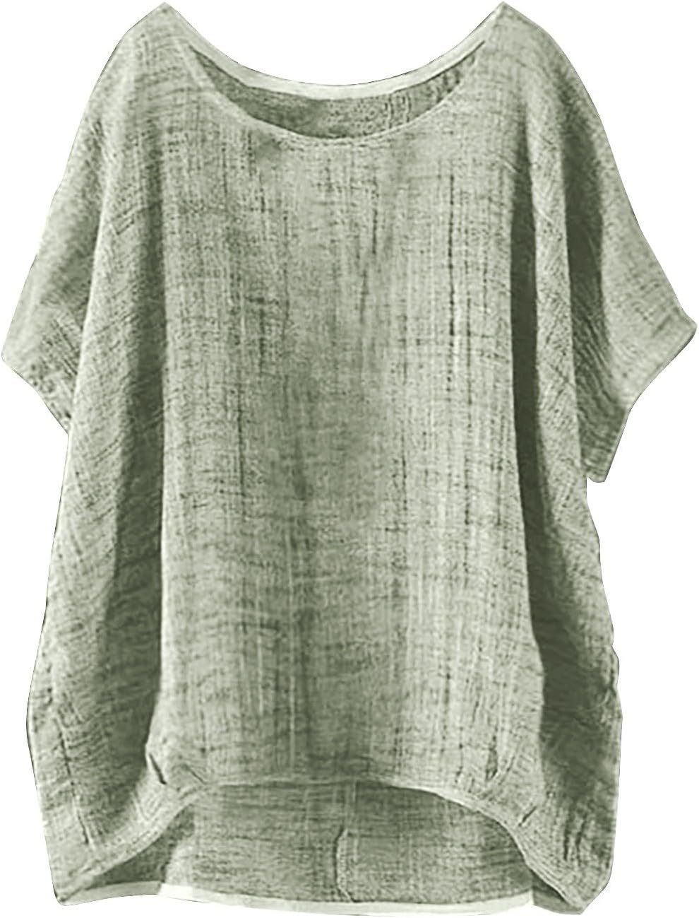 Linen Shirts for Women 2025 Summer Oversized Crewneck Short Sleeve Tops Cute Casual Loose Fit Solid Color Blouses