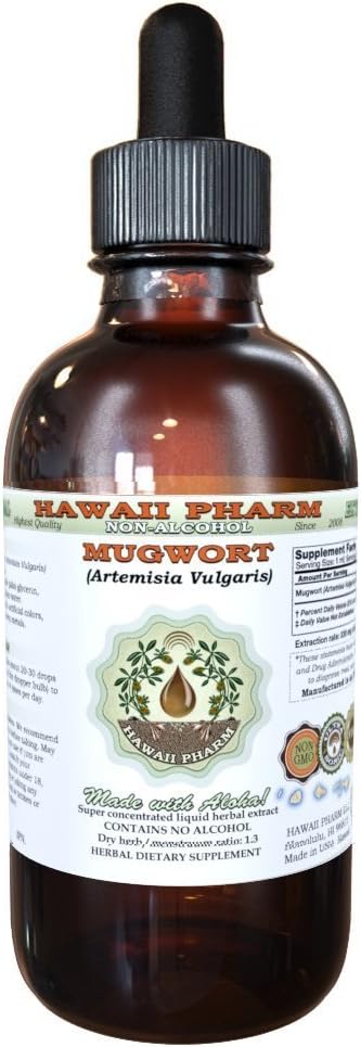 Mugwort Alcohol-Free Liquid Extract, Organic Mugwort (Artemisia vulgaris) Dried Flower Glycerite Natural Herbal Supplement, Hawaii Pharm, USA 2 oz