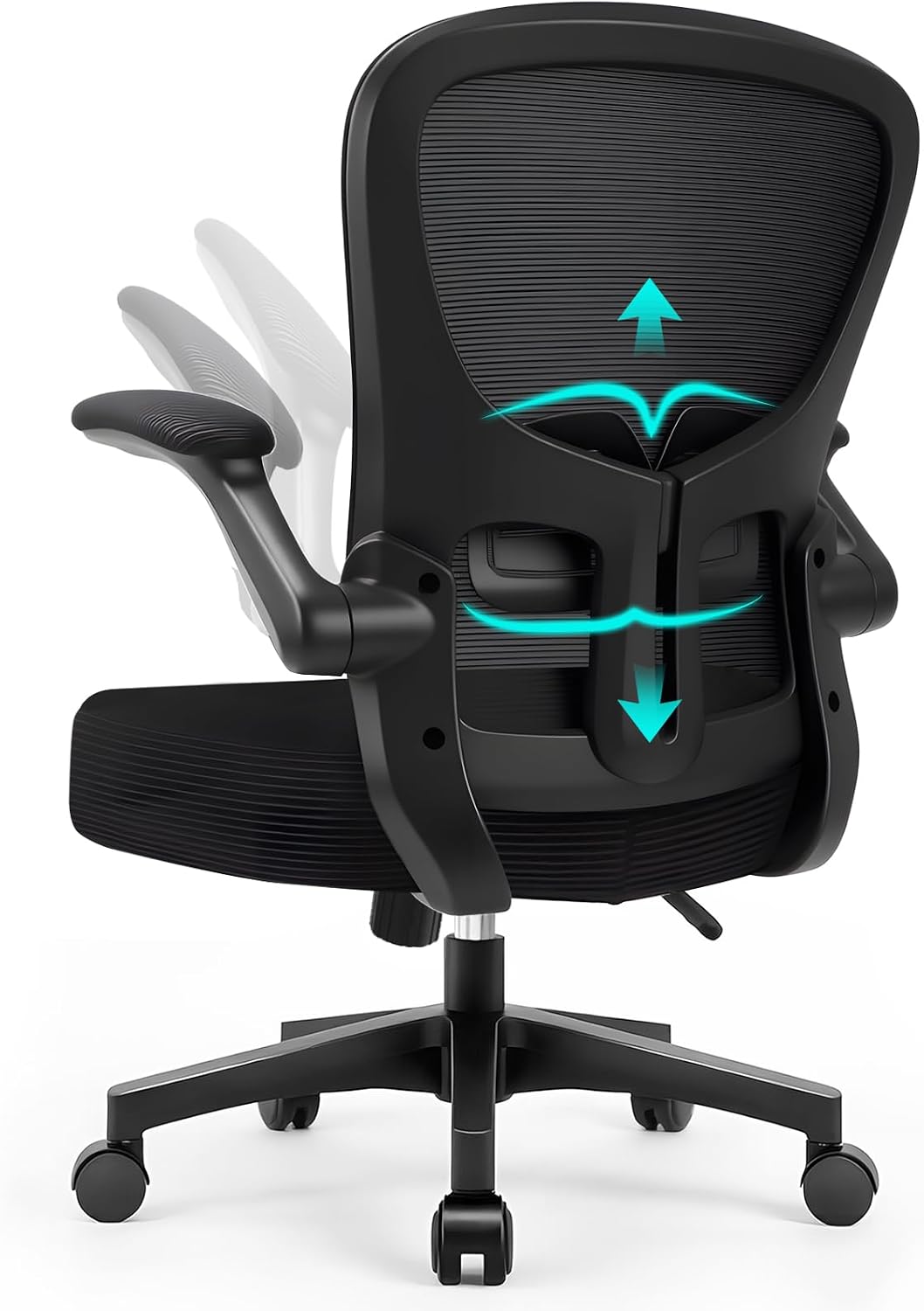 Durrafy Ergonomic Mesh Office Desk Chair with 90° Flip-up Arms, Adjustable Lumbar Support, 130° Tilt and 360° Swivel, Breathable Computer Chair for Working, Studying, and Gaming