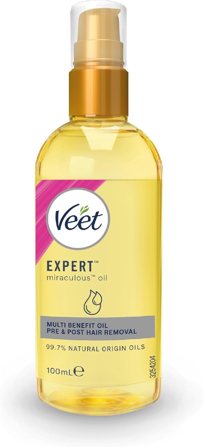 Veet Miraculous Oil, Pre & Post Hair Removal, All Skin Types & Body Areas, 100ml, With Omega 3, Vitamins, Argan Oil, Shea Butter & Almond Oil, Suitable for Dermaplaning, Shaving, Waxing & Moisturising
