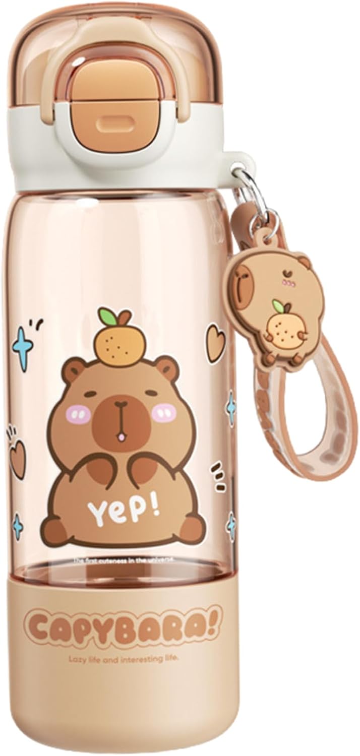 Capybara Water Bottle with Lid, Straw & Keychain, Cute 510ml Drinking Cup for Kids, Girls