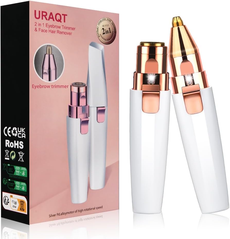 URAQT Facial Hair Remover for Women, 2 in 1 Eyebrow Trimmer & Face Hair Remover, Rechargeable Waterproof Painless Lady Shaver for Lips Nose Face Body Peach Fuzz
