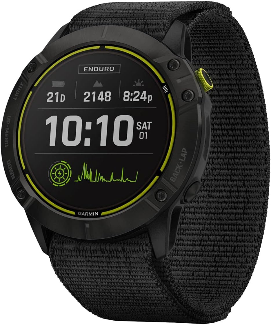 Garmin Fenix Enduro, Ultraperformance Multisport GPS Watch with Solar Charging Capabilities, Battery Life Up to 80 Hours in GPS Mode, Carbon Gray DLC Titanium with Black UltraFit Nylon Band