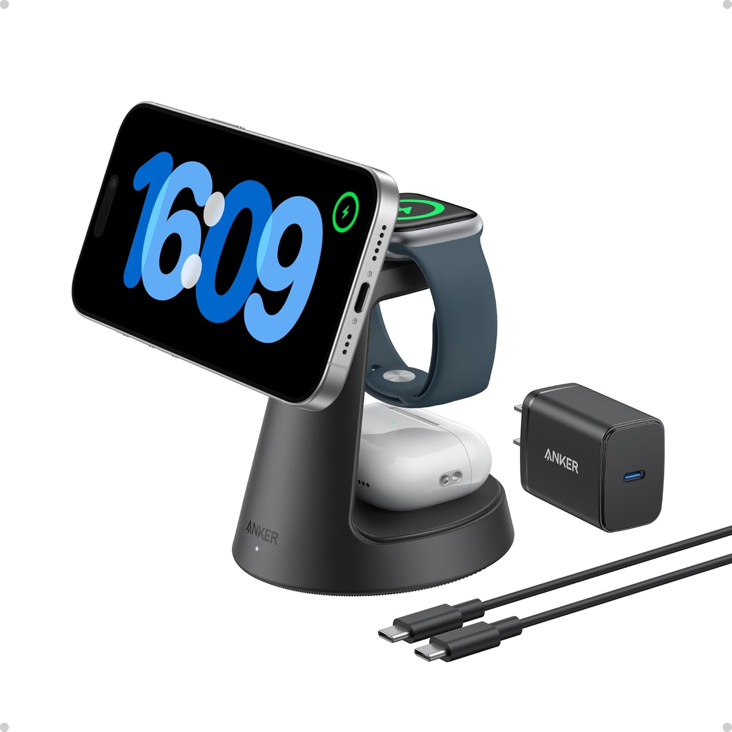 Anker MagSafe Charger Compatible, MagGo 3-in-1 Charging Station, Nano Charging Stand, Qi2 Certified 15W Magnetic Wireless Charger Dock Stand, For iPhone16/15/14, Apple Watch,AirPods (Adapter Included)