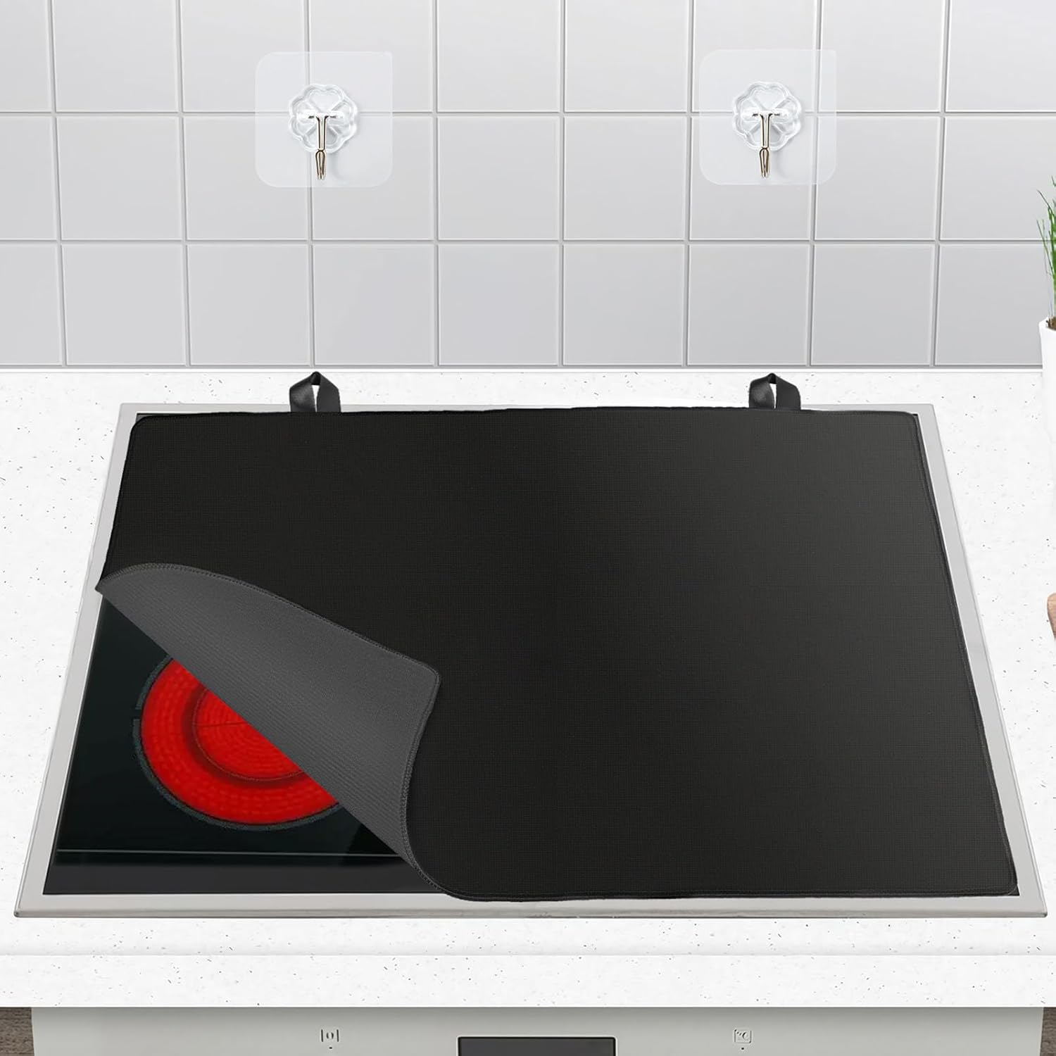 Minicoco Stove Cover Foldable Hob Covers to Protect Cooker Top from Scratches Dirt Anti Slip, Waterproof, with Hooks Gives Extra Work and Storage Space Silicone Mat – Black 61.5x53 cm
