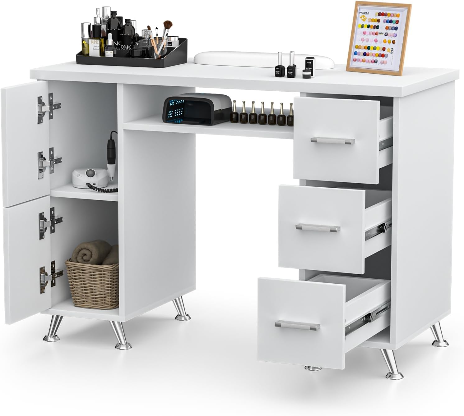 White Nail Desk for Nail Tech, Professional Manicure Table with Wrist Pad