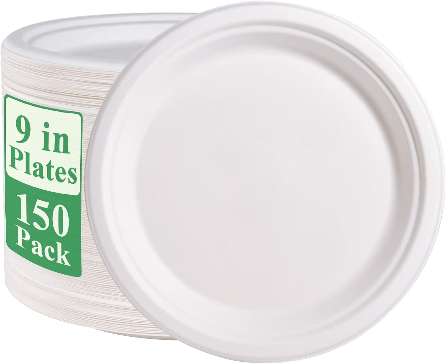 Vplus 150 Pack Paper Plates 9 inch 100% Compostable Plates Heavy-Duty Disposable Paper Plates Bagasse Natural Biodegradable Eco-Friendly Sugarcane Plates(White)
