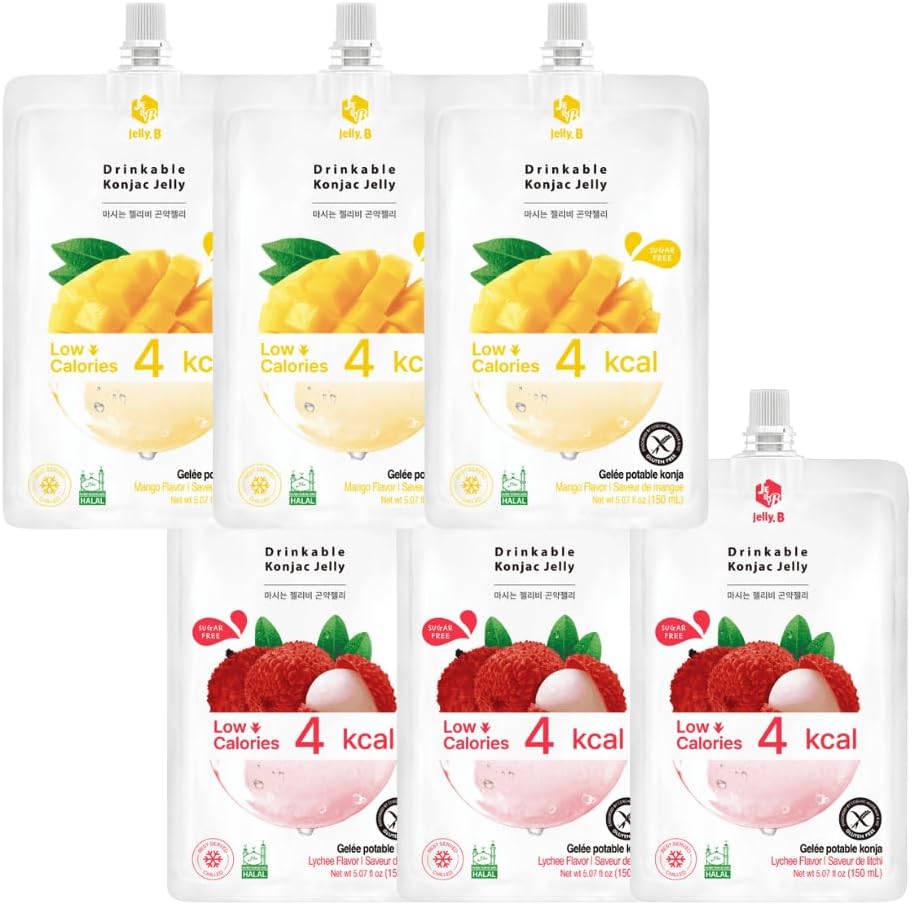 Jelly B Sugar Free Diet Jelly Drink Snack Mango & Lychee Flavour 150ml (Pack of 6) – Refreshing Low-Calorie Zero Sugar Beverage with Chewy Jello Bits, HALAL & GLUTEN FREE