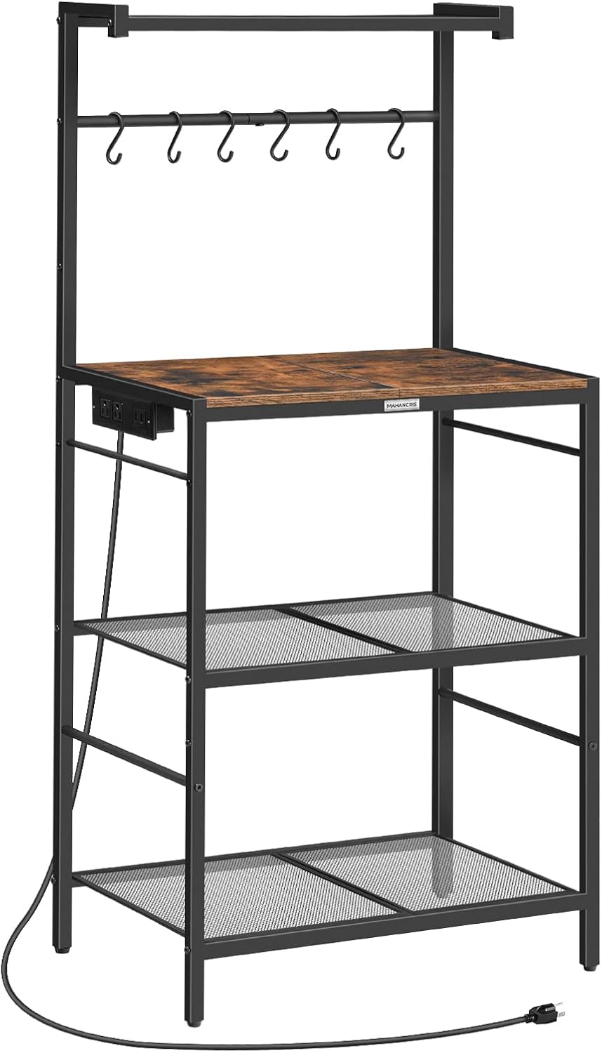 Bakers Rack with Charging Station, Microwave Stand with 6 S-Shaped Hooks, 4-Tier Storage Rack, Practical Coffee Bar, for Kitchen, Dining Room, Rustic Brown BRHR35E01