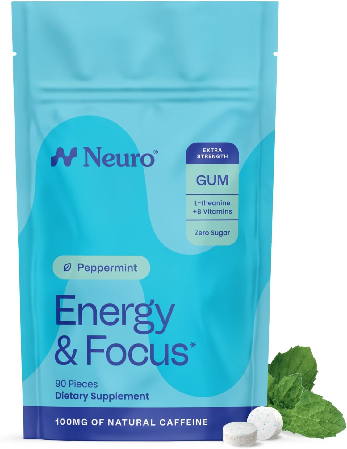 Neuro Energy & Focus Gum, Extra Strength, Peppermint, 90 Count | 100mg Natural Caffeine Gum, 60mg L-Theanine, Vitamin B6 + B12, Sugar Free, Vegan, Clean Nootropic Energy & Focus Supplement