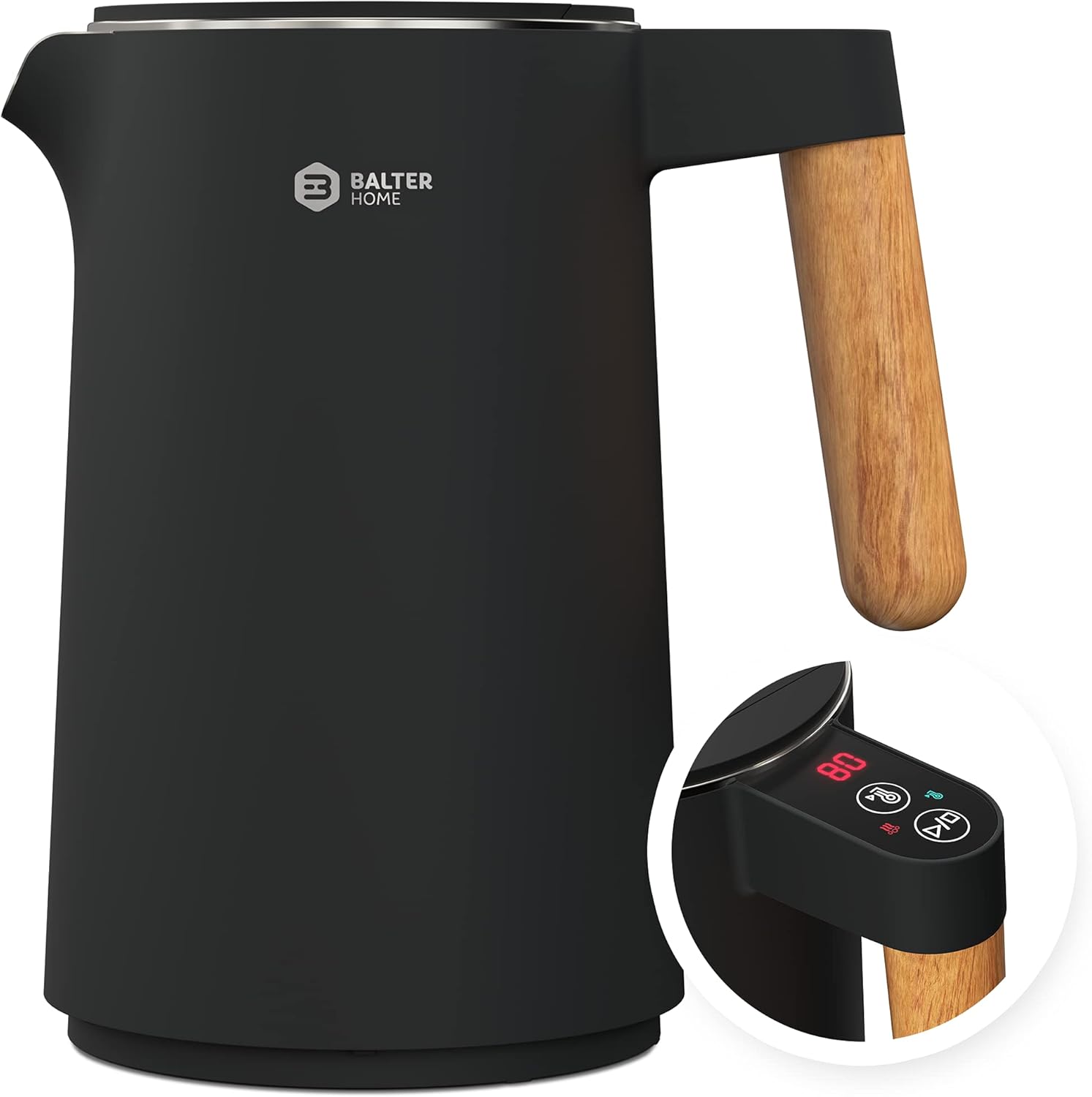 BALTER electric kettle with temperature control, 45 °C - 100 °C, Stainless steel, double wall, BPA-free, quiet, warming function, kettles electric, 1.5 L, 2200 W, Black