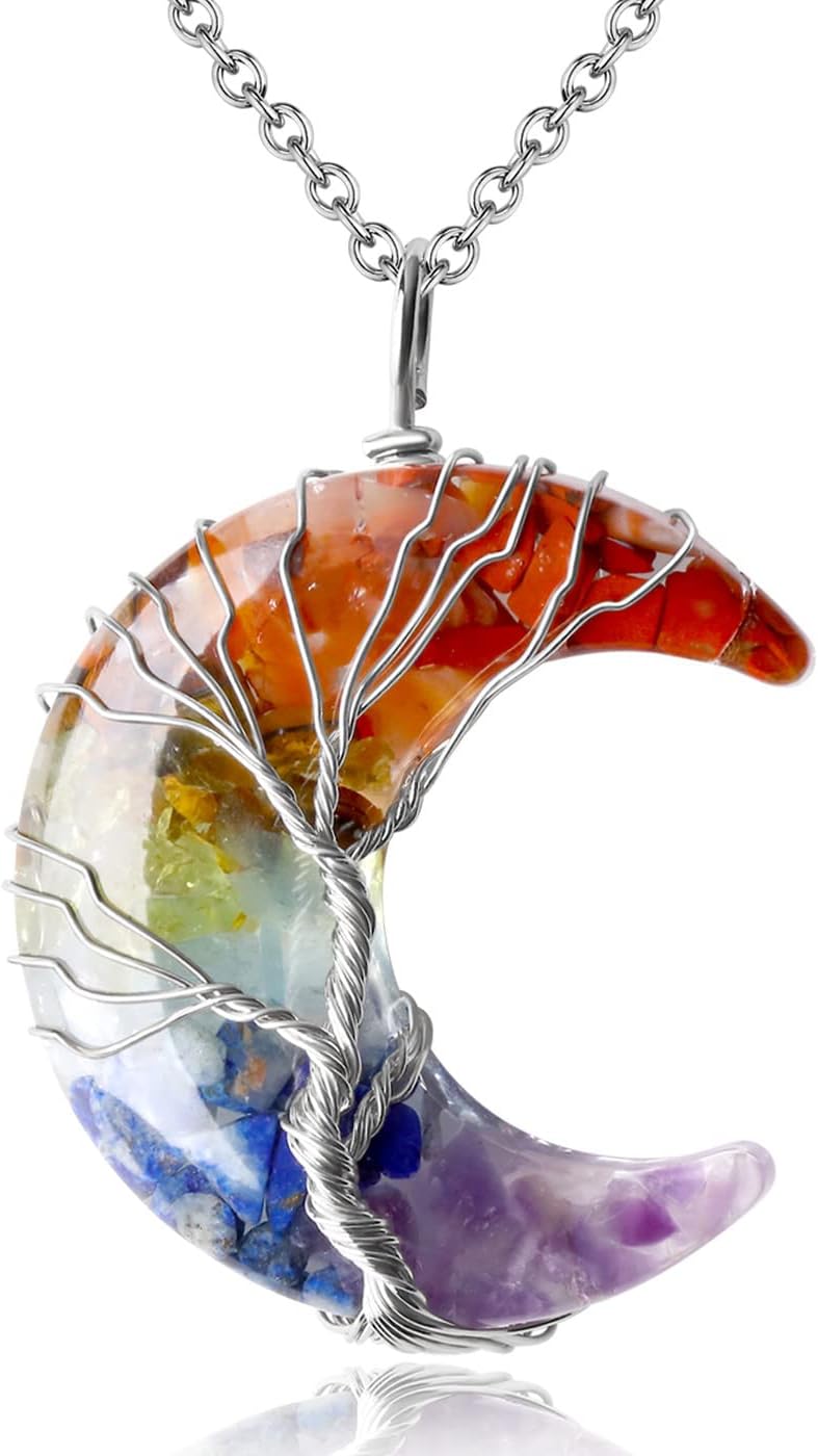 XIANNVXI Crystal Necklace for Women Crescent Moon Necklace Goth Necklace Gothic Gifts Witchy Gifts Healing Crystal Pendant Tree of Life Necklace Jewellery for Women