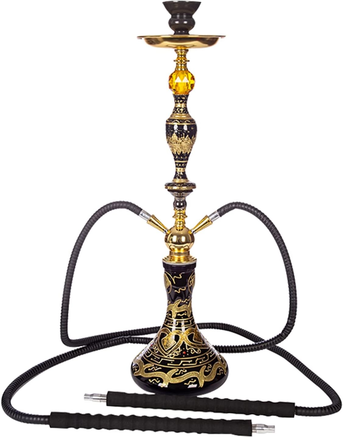 27" 2 or 4 Hose Hookah Set, Painted Art Glass Vase, Ceramic Bowl, Essential Travel Kit, BPA Free, Portable Shisha (Black + Golden) (Size : 4 Hoses) (Onecolor 2 Hoses)