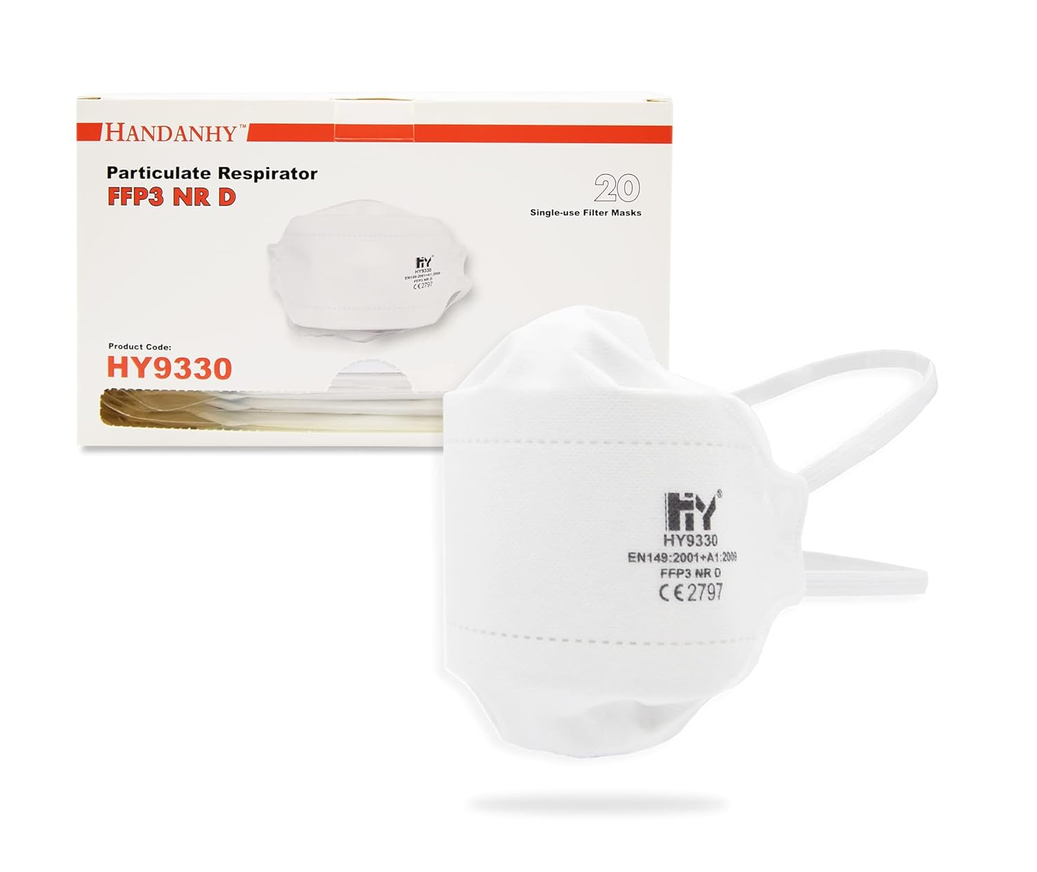 Handanhy Non-Valved FFP3 Face Masks, HY9330 Pro NR D Premium Disposable Respirator - CE Certified & Tested by BSI, Individually Wrapped (20)