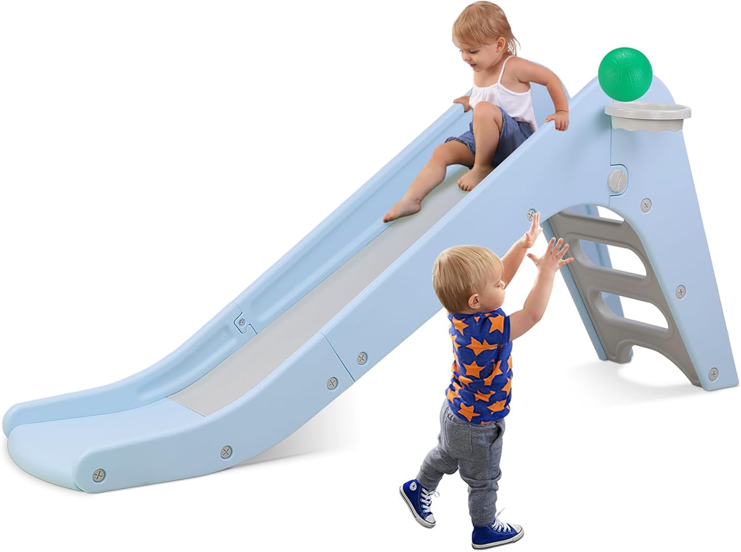 Arlopu Freestanding Kids Slide, Toddler Slide Climber with Basketball Hoop & Ball, Baby Playset w/Long Slope, for Boys and Girls Birthday, Sturdy Playground Toy for Indoor Outdoor Age 3+ (Sky Blue)