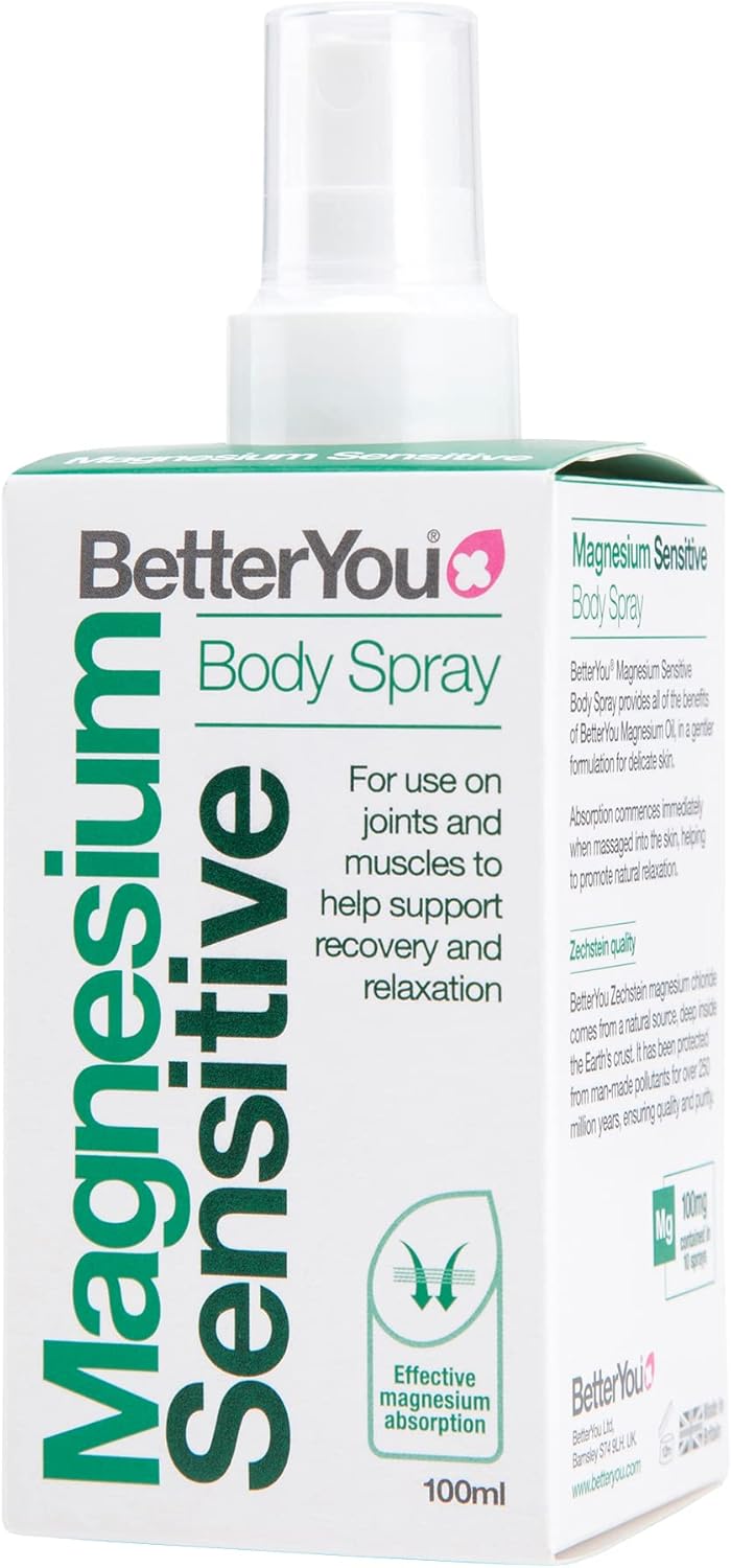 BetterYou Magnesium Sensitive Body Spray, Pure, Clean and Natural Source of Magnesium Chloride, Magnesium Spray for Sensitive Skin, Vegan & Palm-Oil Free, 100ml (600 Sprays)
