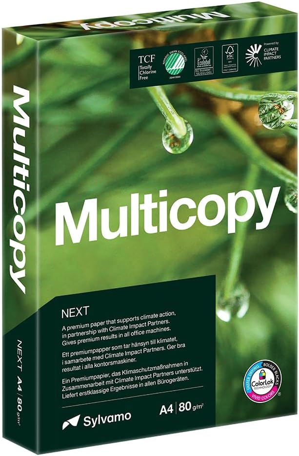Multicopy Next A4 Printer Paper, 500 Sheets, 80gsm Ream, ColorLok Technology, Carbon Neutral, Multiple Eco‑Certificatons, for Inkjet & Laser Printing